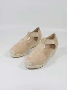 Vacation Ankle Strap Wedge Shoes For Women, Faux Suede Espadrille Wedge Shoes - Apricot - View 5