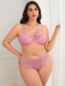 Plus Floral Lace Underwire Lingerie Set - Pink - View 3