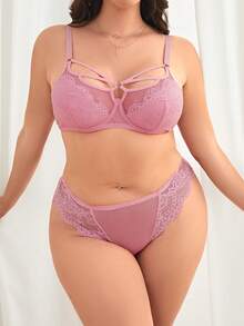 Plus Floral Lace Underwire Lingerie Set - Pink - View 5