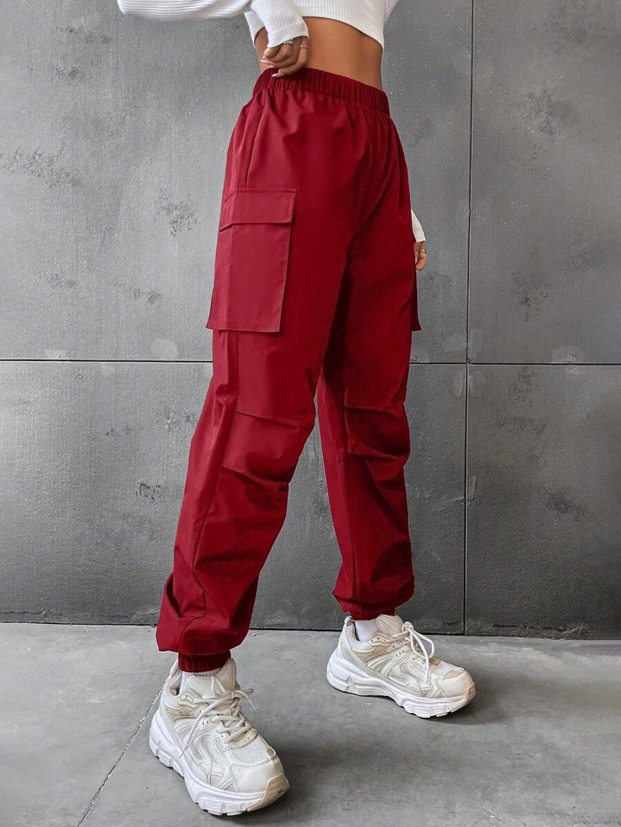 Flirla Flap Pocket Side Cargo Pants - Burgundy - View 1