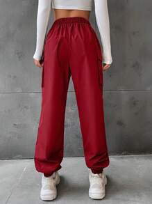 Flirla Flap Pocket Side Cargo Pants - Burgundy - View 2