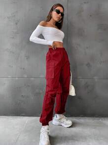 Flirla Flap Pocket Side Cargo Pants - Burgundy - View 3