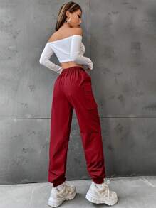 Flirla Flap Pocket Side Cargo Pants - Burgundy - View 4