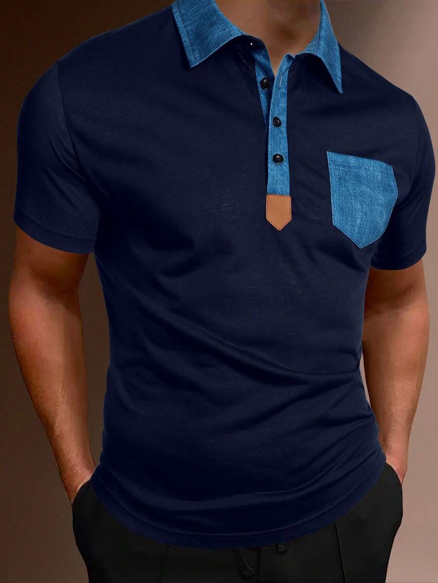 Manfinity Homme Men Contrast Collar Pocket Patched Polo Shirt - Navy Blue - View 1