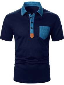 Manfinity Homme Men Contrast Collar Pocket Patched Polo Shirt - Navy Blue - View 7