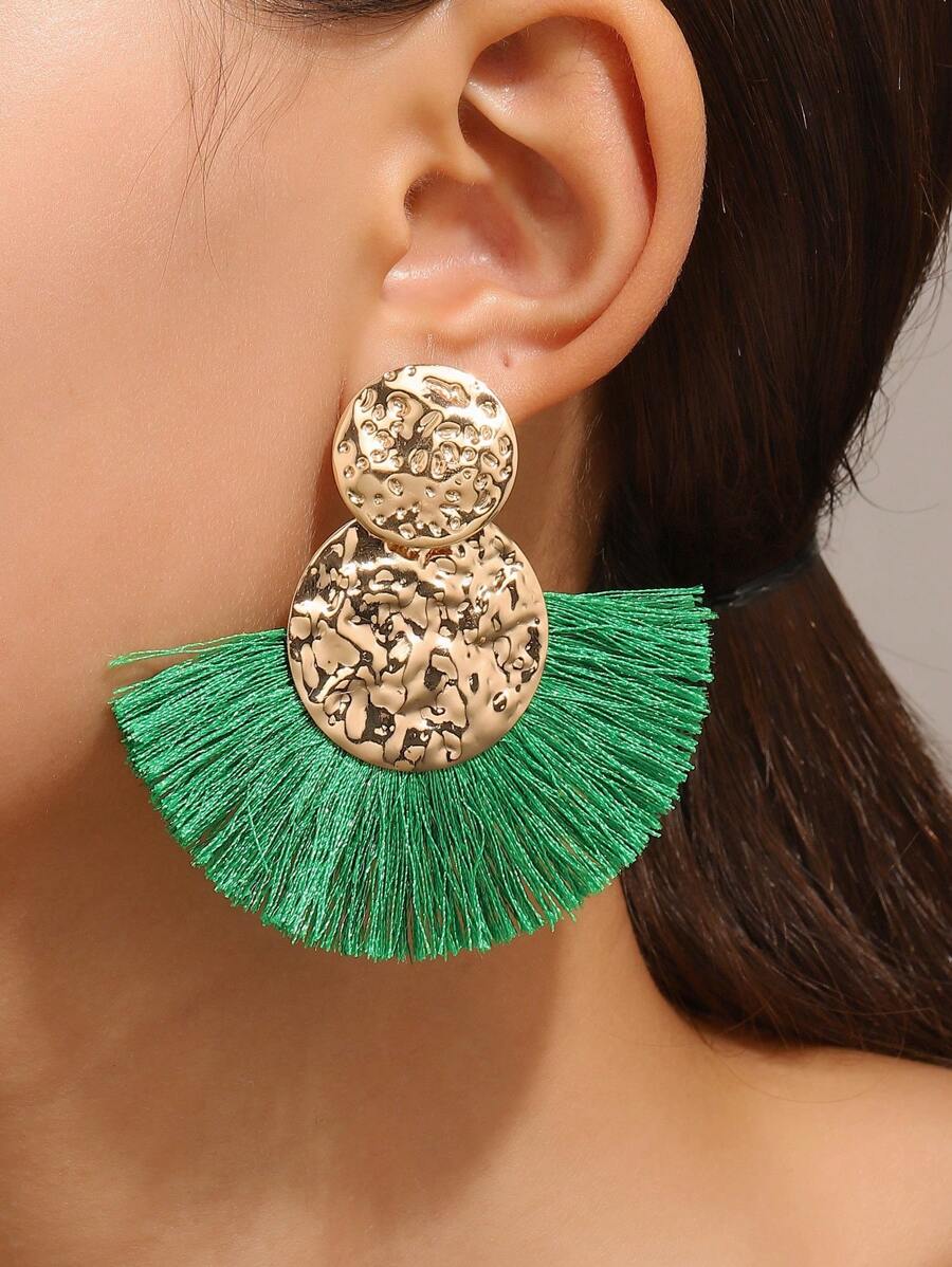 1pc Bohemian Fringe Decor Round Drop Earring For Women For Ear Decoration - Green - View 1