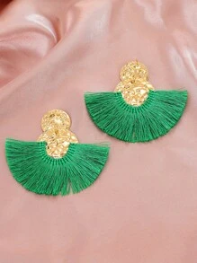 1pc Bohemian Fringe Decor Round Drop Earring For Women For Ear Decoration - Green - View 3