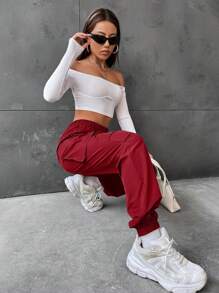 Flirla Flap Pocket Side Cargo Pants - Burgundy - View 6