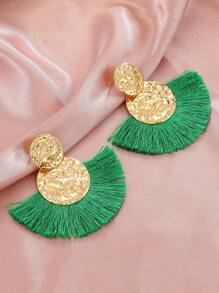 1pc Bohemian Fringe Decor Round Drop Earring For Women For Ear Decoration - Green - View 5
