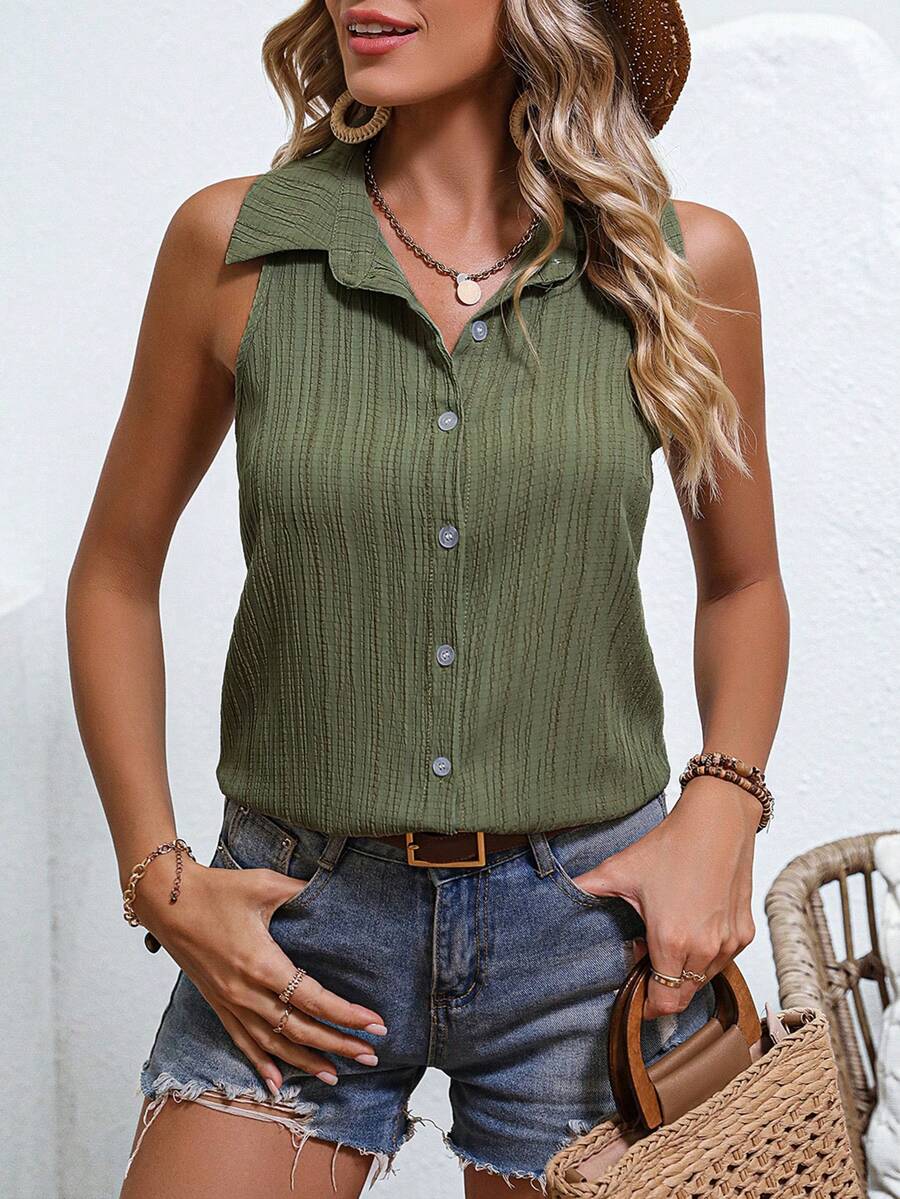 SHEIN LUNE Solid Button Front Sleeveless Shirt - Army Green - View 1