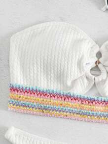 條紋織帶鏤空抹胸比基尼泳裝 - 白色 - 查看 5