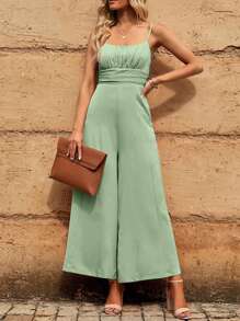 Solid Wide Leg Cami Jumpsuit - Green - View 1