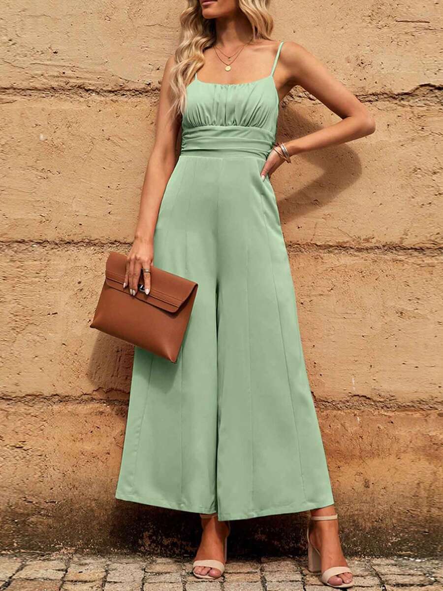 Solid Wide Leg Cami Jumpsuit - Green - View 1