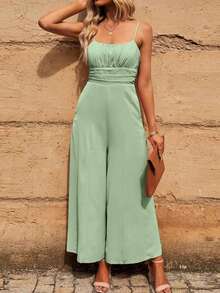 Solid Wide Leg Cami Jumpsuit - Green - View 4
