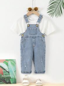 Baby Ripped Denim Dungaree Without Tee - Light Wash - View 1