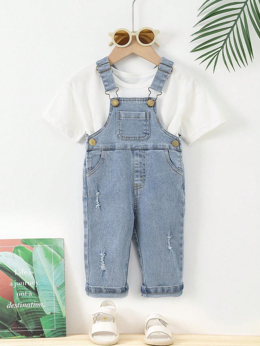 Baby Ripped Denim Dungaree Without Tee - Light Wash - View 1