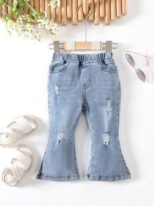 嬰兒破洞下擺開叉牛仔喇叭褲 - 淺色水洗藍 - 查看 1