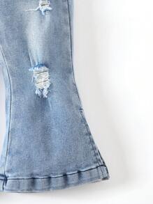 嬰兒破洞下擺開叉牛仔喇叭褲 - 淺色水洗藍 - 查看 5