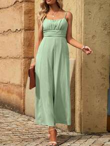 Solid Wide Leg Cami Jumpsuit - Green - View 5