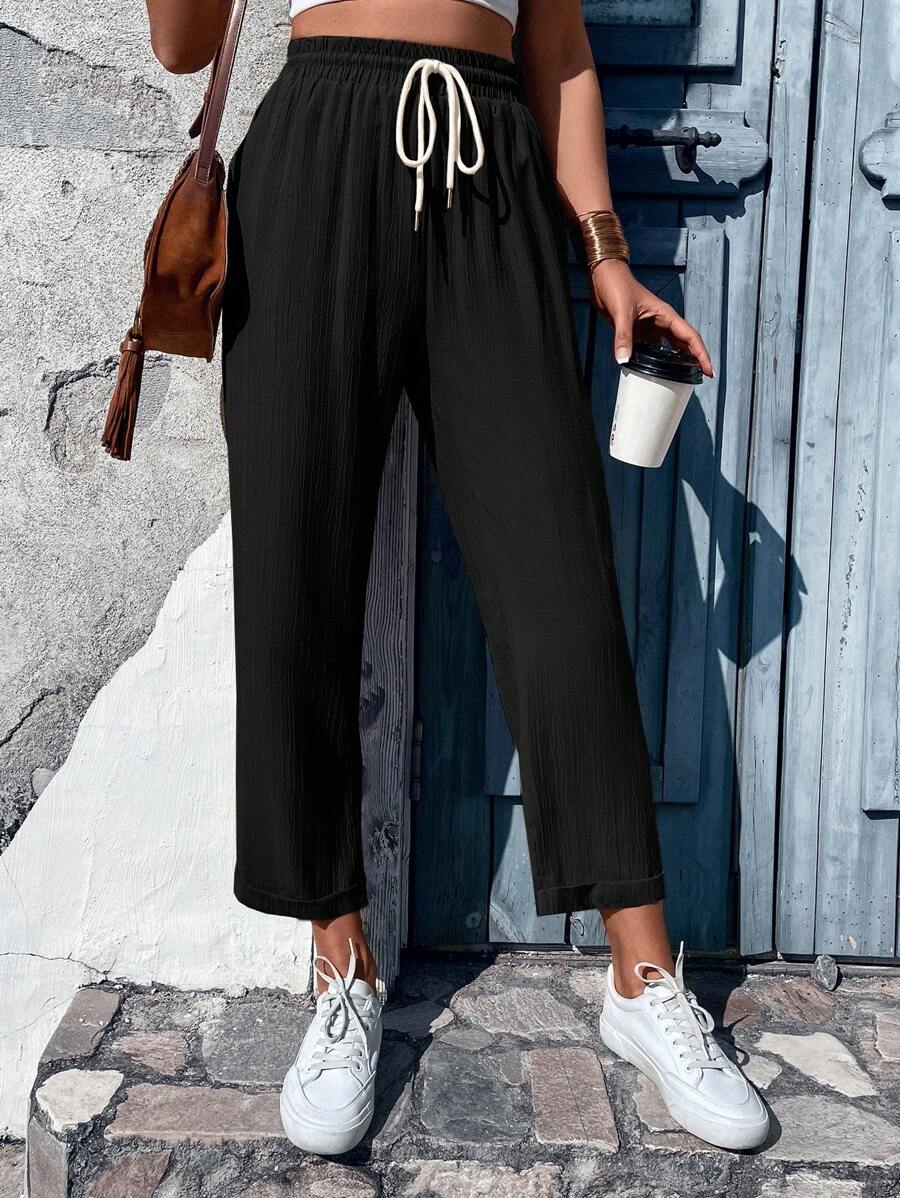 Chiquease Drawstring Waist Straight Leg Pants - Black - View 1