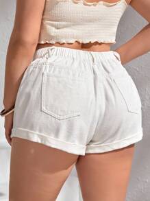 SHEIN Clasi Plus High Waist Roll Up Hem Denim Shorts - White - View 2