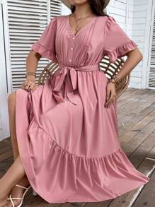 SHEIN LUNE Đầm Plus Size Thắt lưng Xù Viên lá sen màu trơn Giải trí - Bụi hồng - Xem 2