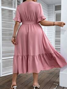 SHEIN LUNE Đầm Plus Size Thắt lưng Xù Viên lá sen màu trơn Giải trí - Bụi hồng - Xem 3