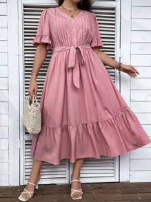 SHEIN LUNE Đầm Plus Size Thắt lưng Xù Viên lá sen màu trơn Giải trí - Bụi hồng - Xem 4