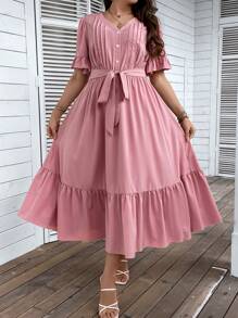 SHEIN LUNE Đầm Plus Size Thắt lưng Xù Viên lá sen màu trơn Giải trí - Bụi hồng - Xem 5