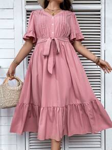 SHEIN LUNE Đầm Plus Size Thắt lưng Xù Viên lá sen màu trơn Giải trí - Bụi hồng - Xem 7