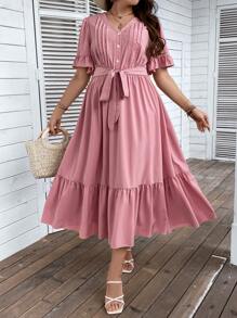 SHEIN LUNE Đầm Plus Size Thắt lưng Xù Viên lá sen màu trơn Giải trí - Bụi hồng - Xem 1