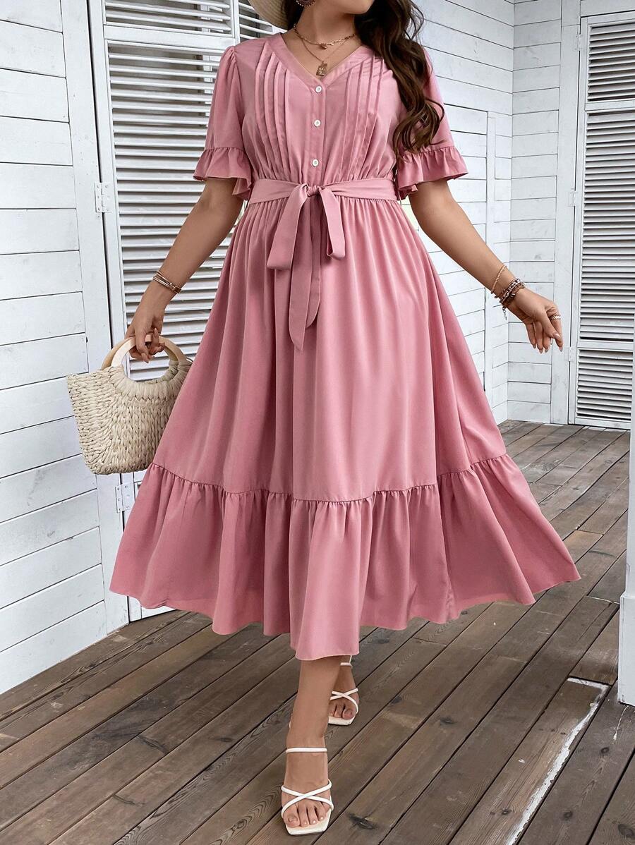 SHEIN LUNE Đầm Plus Size Thắt lưng Xù Viên lá sen màu trơn Giải trí - Bụi hồng - Xem 1