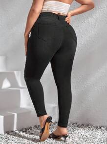 SHEIN SXY Quần Denim kích thước lớn Túi Bị tách Dây kéo màu trơn - màu đen - Xem 2