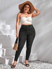 SHEIN SXY Quần Denim kích thước lớn Túi Bị tách Dây kéo màu trơn - màu đen - Xem 5