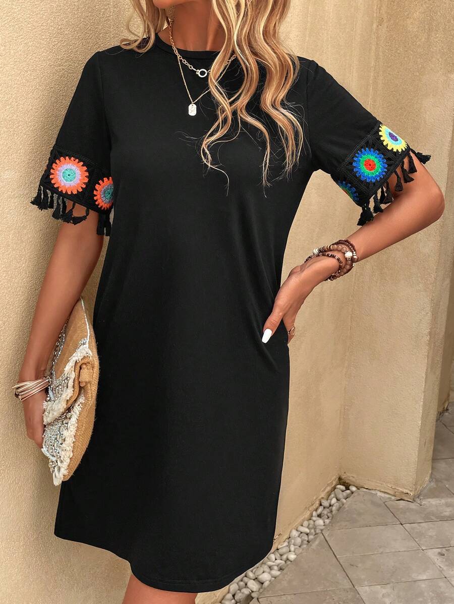 SHEIN VCAY Đầm mép Hoa Boho - màu đen - Xem 1