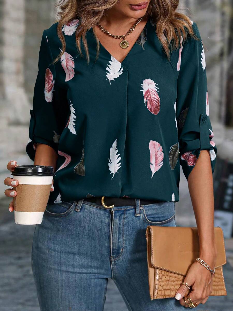 SHEIN Clasi Feather Print Roll Tab Sleeve Blouse - Teal Blue - View 1