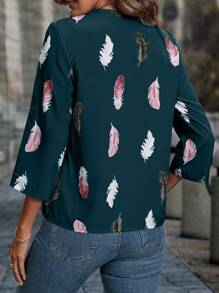 SHEIN Clasi Feather Print Roll Tab Sleeve Blouse - Teal Blue - View 2