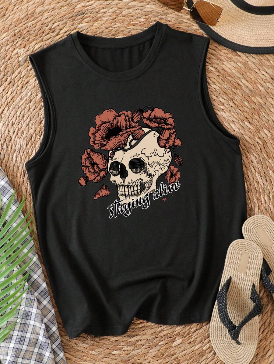 INAWLY Tank con estampado de cráneo y letra - Negro - Ver 1