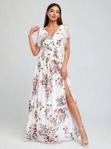 Váy phù dâu Thắt lưng Trọn gói Tách cao Hoa Tất cả trên in - trắng - Xem 3