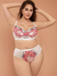 Plus Floral Embroidery Mesh Underwire Lingerie Set - Multicolor - View 4