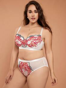 Plus Floral Embroidery Mesh Underwire Lingerie Set - Multicolor - View 5