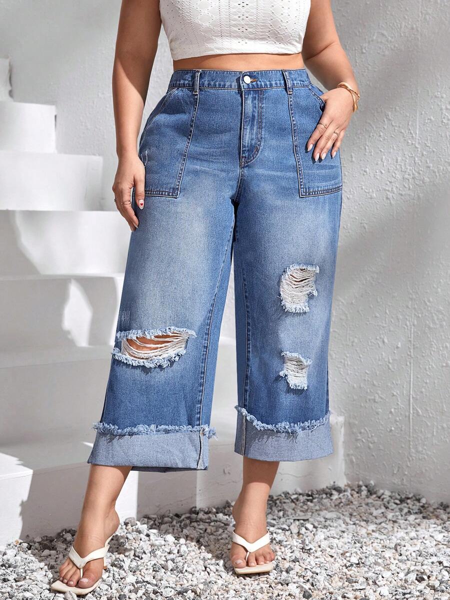 SHEIN Frenchy Plus High Waist Ripped Raw Cut Roll Hem Wide Leg Jeans - Medium Wash - View 1