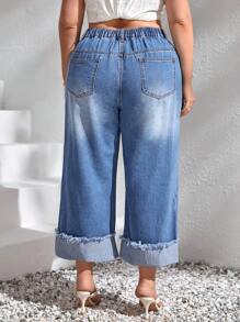 SHEIN Frenchy Plus High Waist Ripped Raw Cut Roll Hem Wide Leg Jeans - Medium Wash - View 2