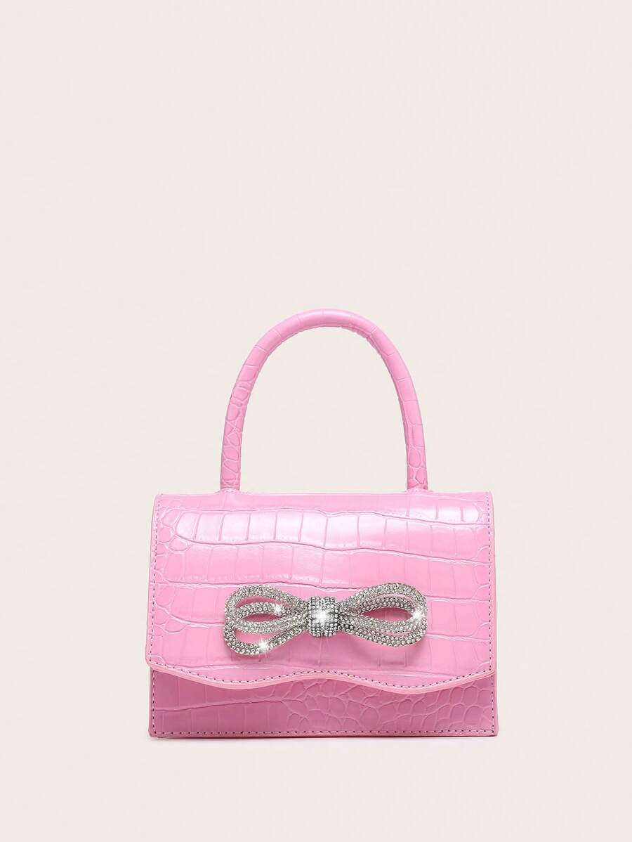 Túi đeo chéo dự tiệc bằng da bóng đính nơ pha lê Rhinestone, có thể dùng làm túi xách dự tiệc cho ngày lễ tình nhân - Hồng - Xem 1