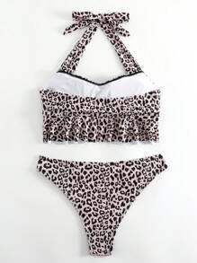 Leopard Ruffle Hem Halter Bikini - Multicolor - View 4