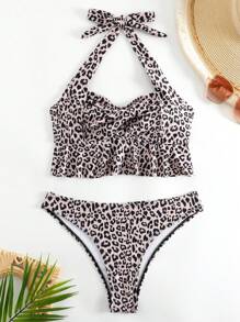 Leopard Ruffle Hem Halter Bikini - Multicolor - View 5