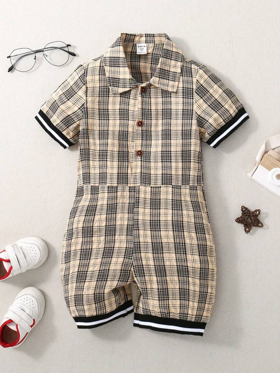 SHEIN 小男童格紋印花條紋飾邊襯衫連體短褲