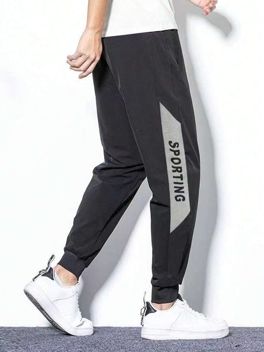 Men Letter Graphic Contrast Panel Sports Trousers - Black - View 1