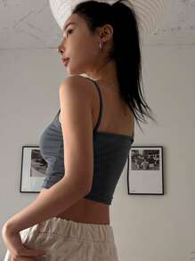 DAZY Half Button Crop Cami Top Tank Tops - Dark Grey - View 2
