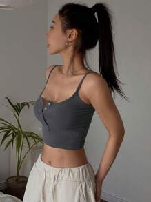 DAZY Half Button Crop Cami Top Tank Tops - Dark Grey - View 3
